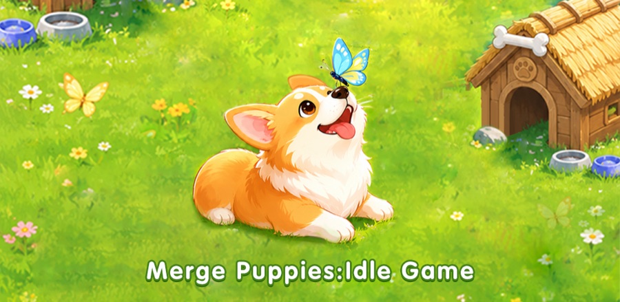 Merge Puppies — a happy corgi puppy in a sunny meadow with a butterfly